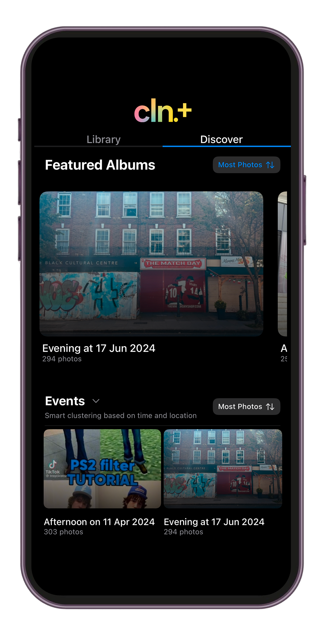 cln+ Discover interface showing photo albums