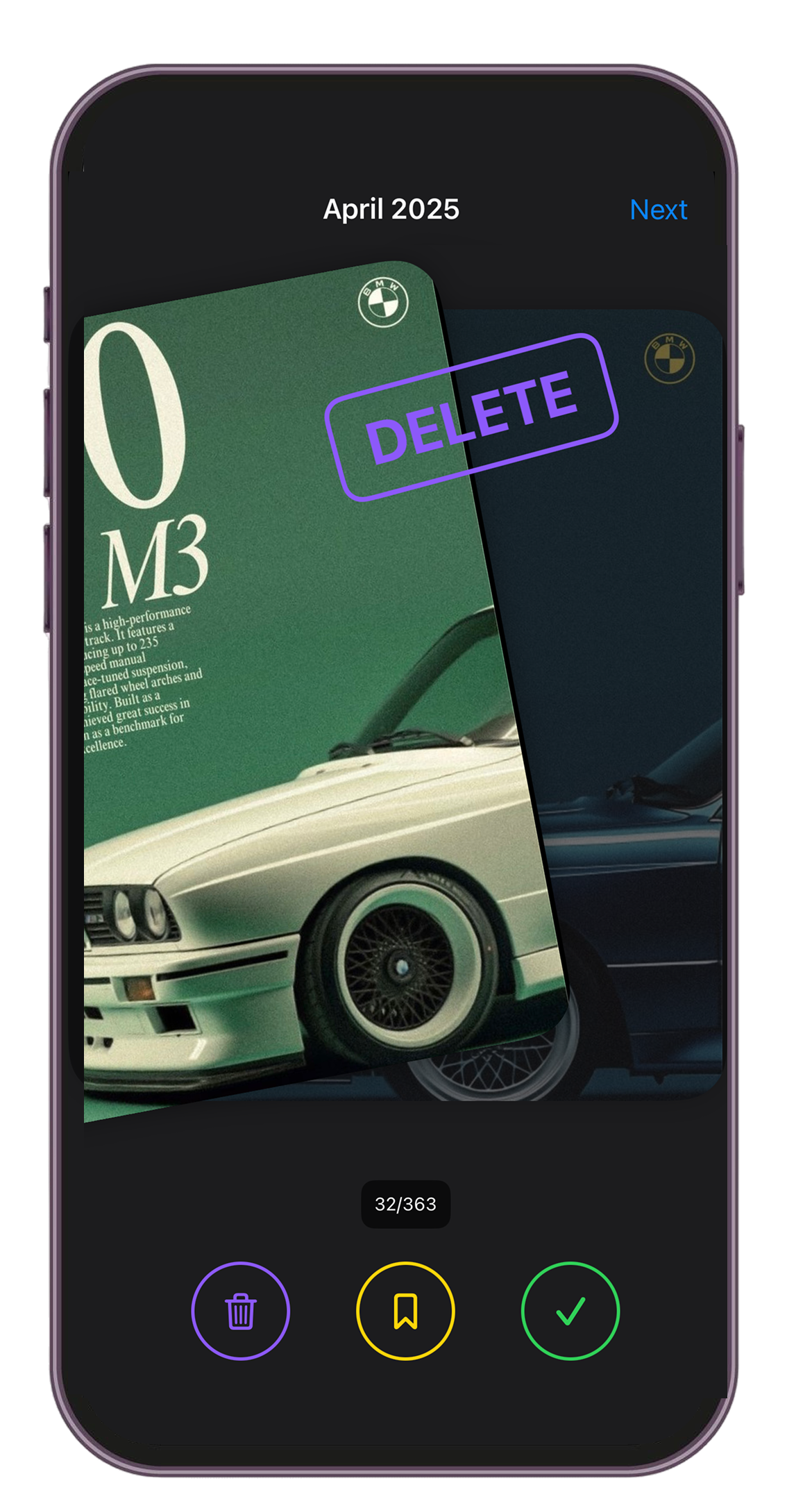cln. app showing a BMW M3 car image with DELETE overlay