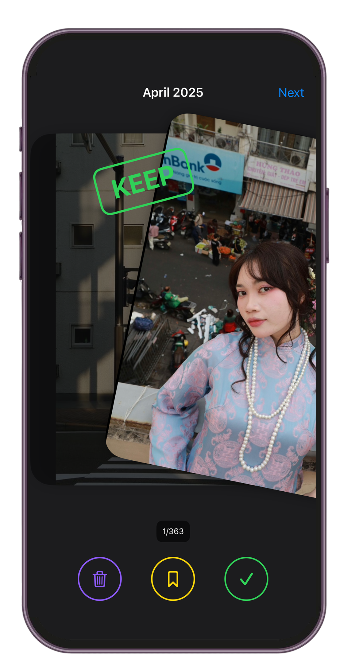 cln. app showing a portrait photo with KEEP overlay